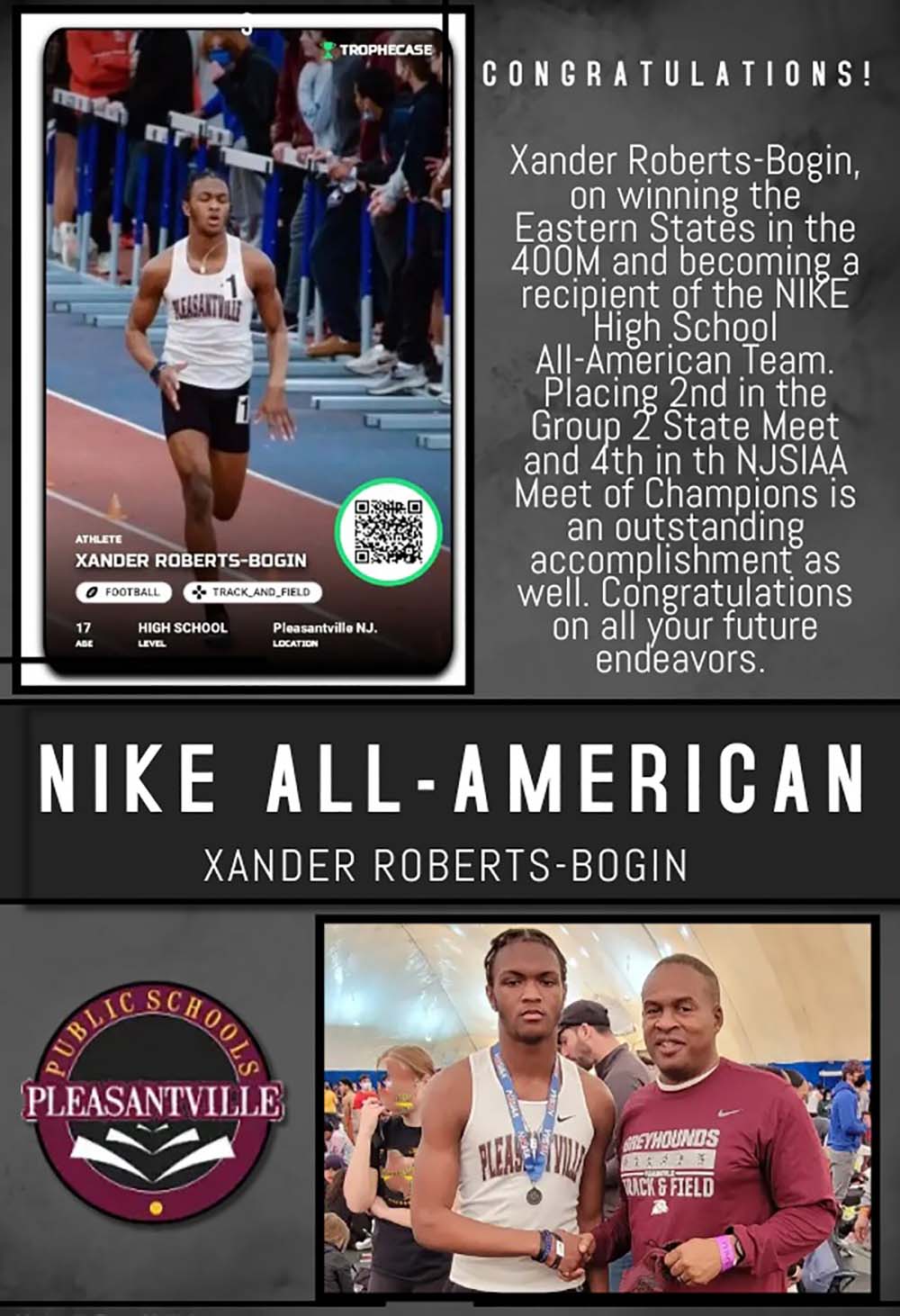 Nke ALL - AMERICAN Congratulations! Xander Roberts-Bogin Xander Roberts-Bogin, on winning the Eastern State in the 400M and becoming a recipient of the NIKE High School  All-American Team. Placing 2nd in the Group 2 State Meet and 4th in the NJSIAA Meet of Champions is an outstanding accomplishment as well. Congratulations on all your future endeavors. 
