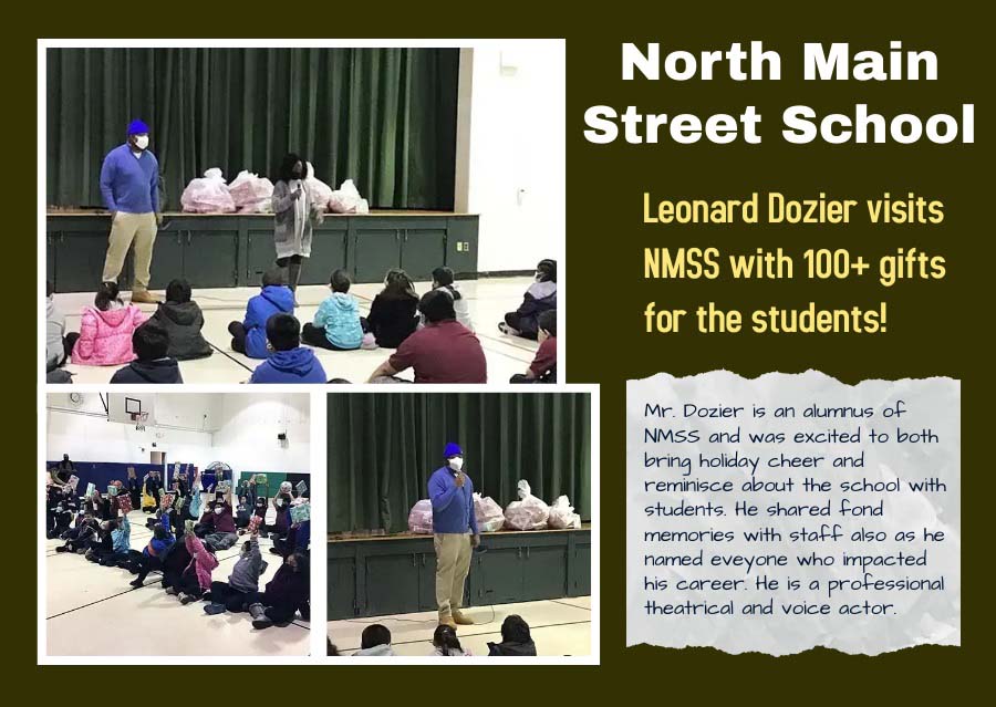 North Main Street School Leonard Dozier visits NMSS with 100+ gifts for the students!
